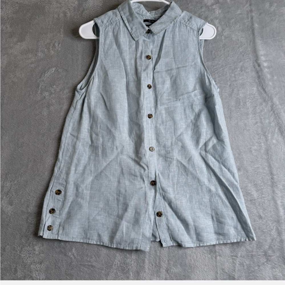 Jones New York Top Womens M Blue 100% Linen Collar Woven Sleeveless Lagenlook